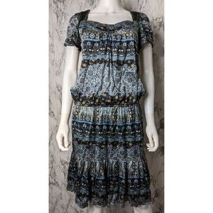 Sandro Women's Sz 2 Blue Floral Silk Velvet Short Sleeve Drop Waist Dress